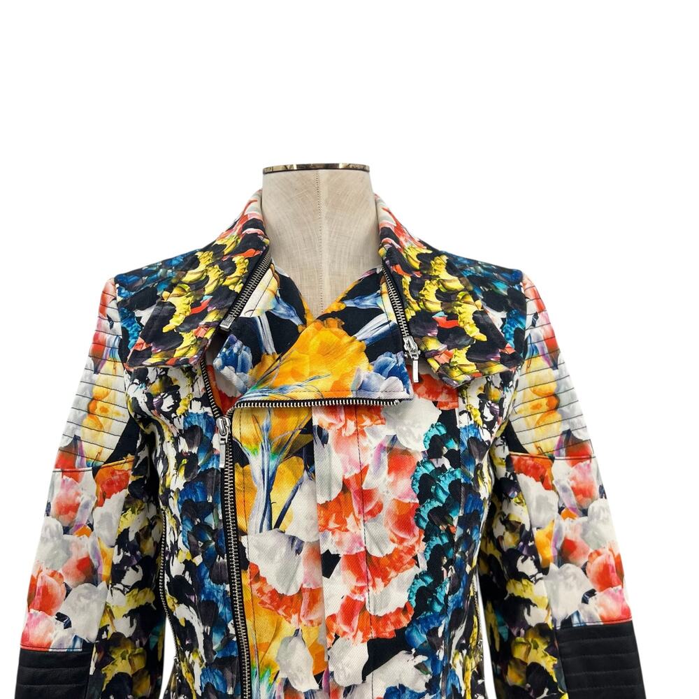 Nicholas Digi Floral Moto Jacket‎ Cotton Blend Leather Trim Multicolor US 4 - Picture 3 of 16